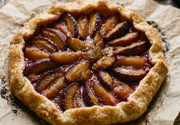 Free Form plum tarts with honey sour cream and walnuts