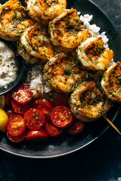 NEW Chimichurri Shrimp with Rice, Tzaziki and Roasted Tomatoes