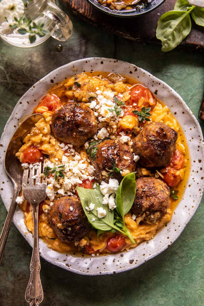 NEW Crockpot Greek Chicken Meatballs with Creamy Tomato Orzo