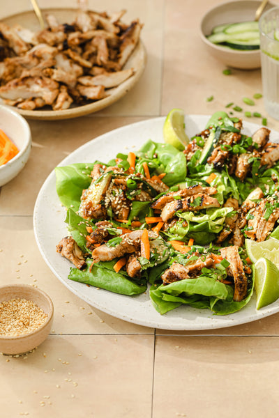 Gochujang Grilled Chicken lettuce wrap served with Jasmine sticky rice and pickled veggies
