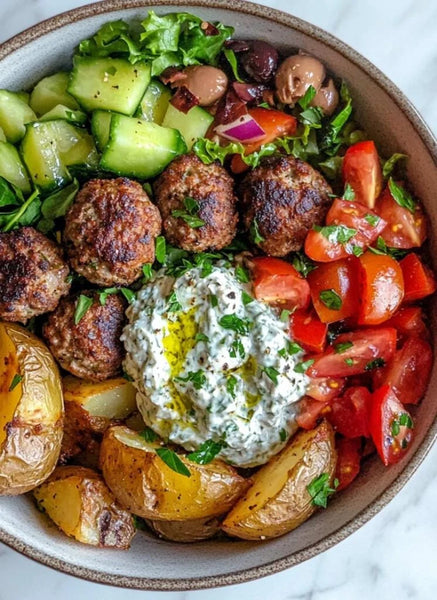 NEW Greek Burger and Fries Protein Bowl (GF)
