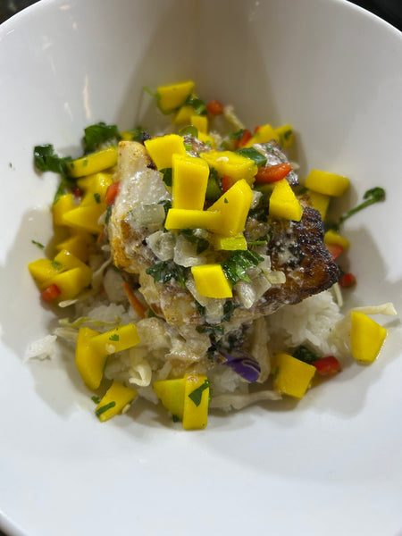 NEW Coconut Lime Wild caught Cod Bowl with sticky coconut rice and mango salsa (GF)