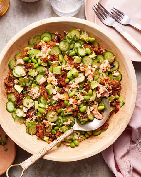 Monday- NEW Crispy Rice Salmon and cucumber Salad with Creamy Asian dressing