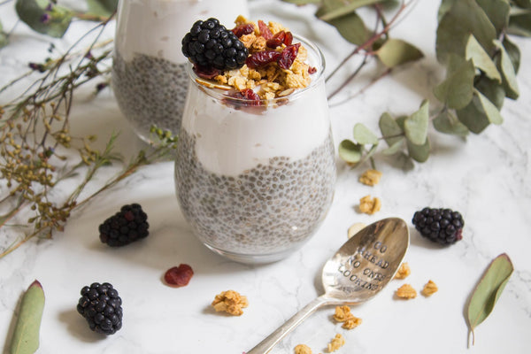 -Yogurt cup with Chia, natural peanut butter, and stewed blueberries