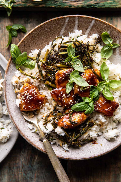 NEW Half Baked Harvest 30 Minute Sticky Apricot Chicken served with jasmine rice and Sautéed Green Beans