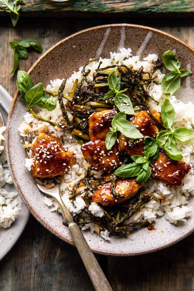 Monday- NEW Half Baked Harvest 30 Minute Sticky Apricot Chicken served with jasmine rice and Sautéed Green Beans