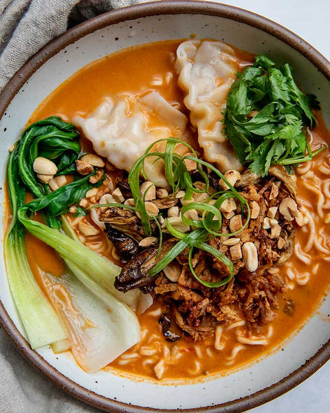 NEW Thai Red Noodle Soup with Crispy Gyozas