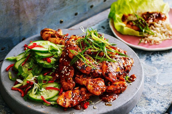 New Doenjang Korean Chicken with cucumber salad and Gochujang dipping sauce