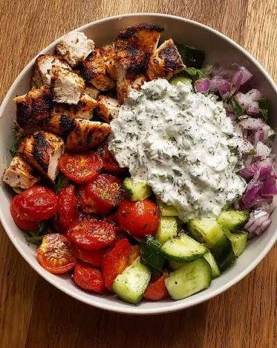 The Loaded Greek Chicken Power Bowl (GF, vegetarian available)