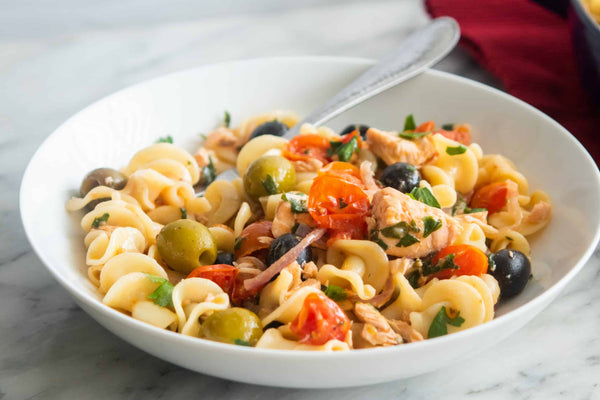Gemelli with Salmon Puttanesca (GF available)