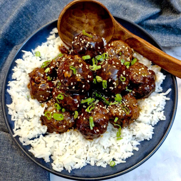 Sweet and Sticky Teriyaki Meatballs, Jasmine and Brocolli