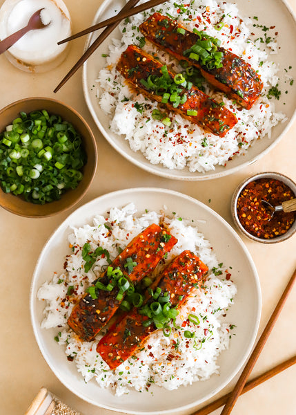 NEW Volcano Salmon served with Jasmine Rice and Baby Bok Choy