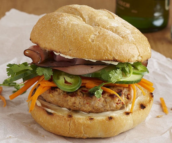 NEW Turkey Banh Mi Burgers served with pickled carrots and Roasted Sweet Potatoes with Sriracha Mayo