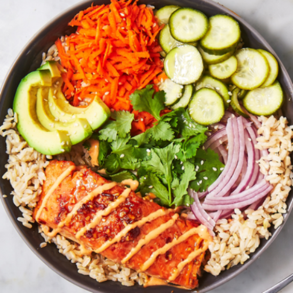 Choice of Salmon or Tofu Poke Bowl served on Brown Basmati (Dairy Free, Gluten free)