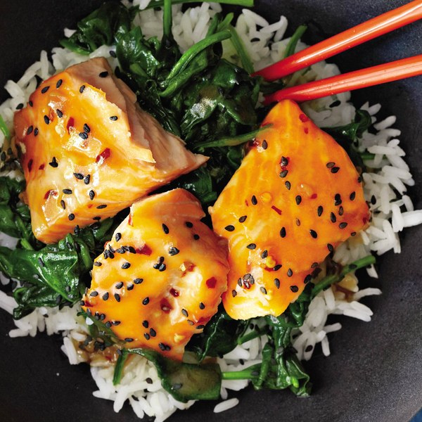 Asian Salmon Bowl with Lime drizzle served with Rice and Spinach