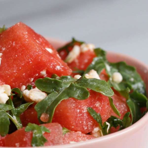 Watermelon, Feta and Mint Salad served on a bed of Arugula