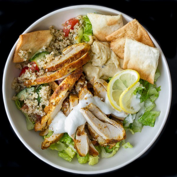 Choice of Regular or Snack size Chicken Shawarma Salad with Lemon Tahini dressing