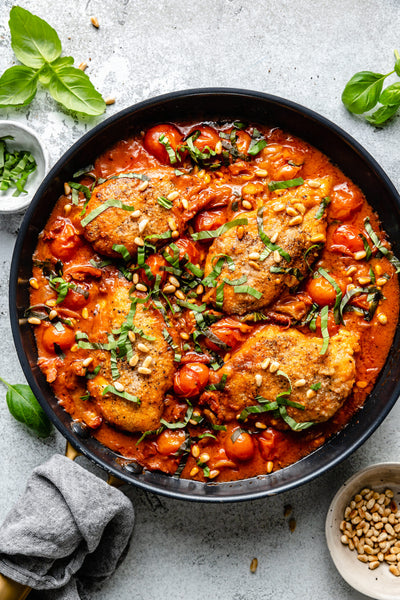 NEW Creamy Sun Dried Tomato Basil Chicken served with Roasted Zucchini (GF, Whole 30, Paleo)