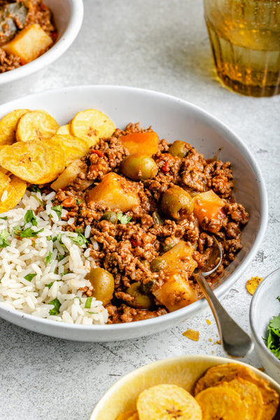 Cuban inspired Picadillo served with Cilantro rice and plantain chips (GF)