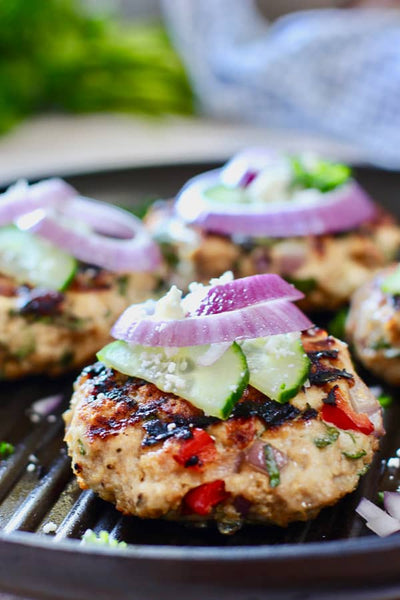 Greek Chicken Burgers served with Tzaziki Sauce and side salad (Keto, GF)