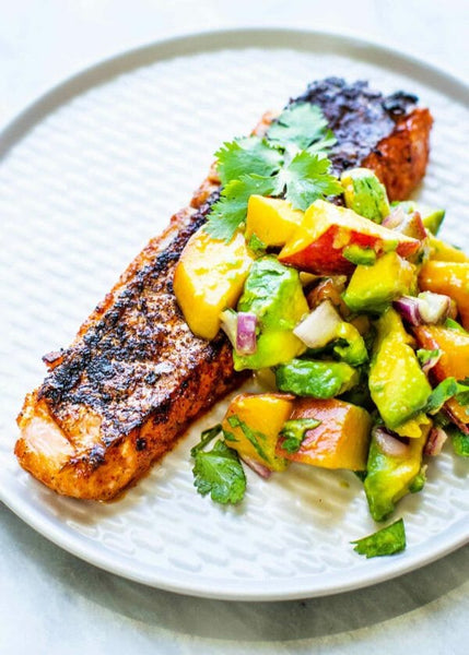 Salmon topped with Avocado Mango Salsa and choice of side (grelots or cauliflower) -Keto friendly, GF