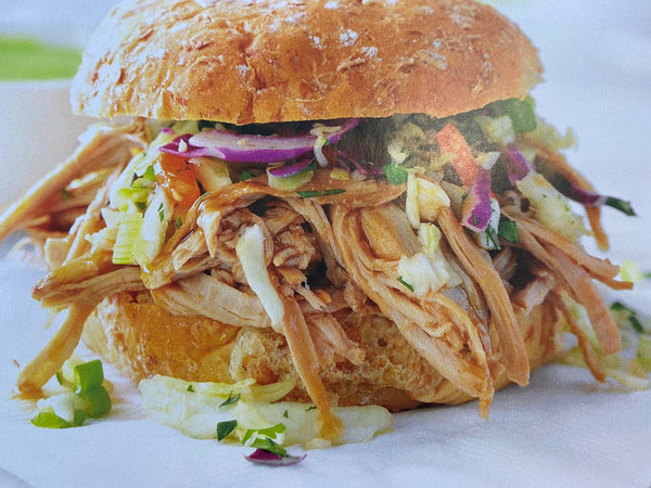 Asian Sesame Pulled Pork Sandwiches served with Cucumber Salad