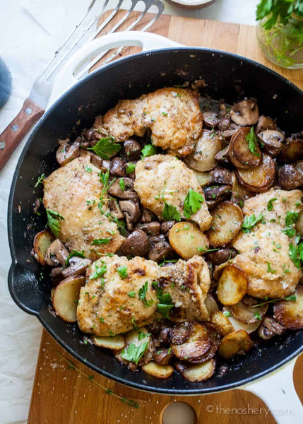 Skillet Chicken with Wine and Herb Sauce with Roasted Brocollini