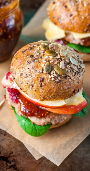 Chicken and Apple Burgers (topped with Fig, Cranberry, and Brie) served with Sweet Potato Wedges