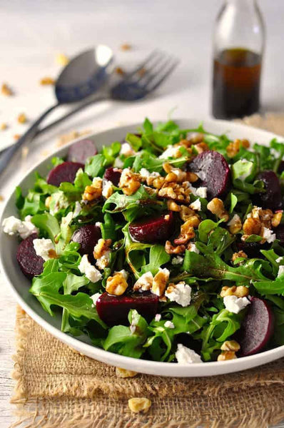 Mixed greens, Arugula, and Spinach Salad with Beets, Apples, Walnuts and Feta with a White Balsamic vinaigrette