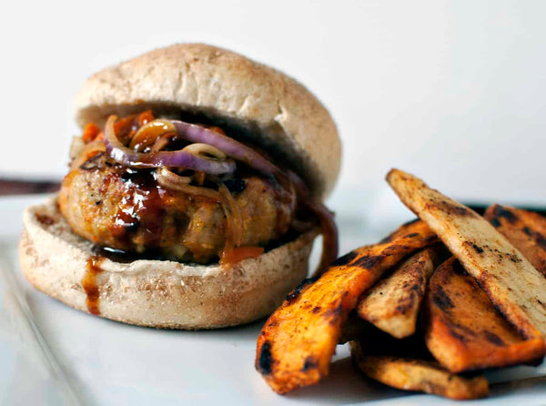 Asian Chicken Burgers served with Sweet Potato Fries