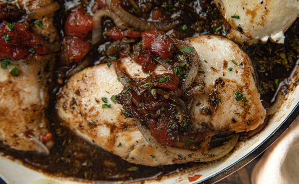 New Braised Balsamic Chicken with Wild Rice and Roasted Asparagus