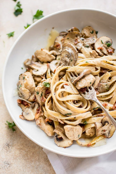 New Mediterranean Chicken with Creamy Roasted Garlic and Mushroom Linguine