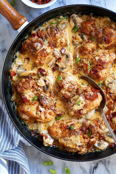 Creamy Skillet Mushroom Chicken with Steamed Broccoli (A warm cozy weeknight meal)