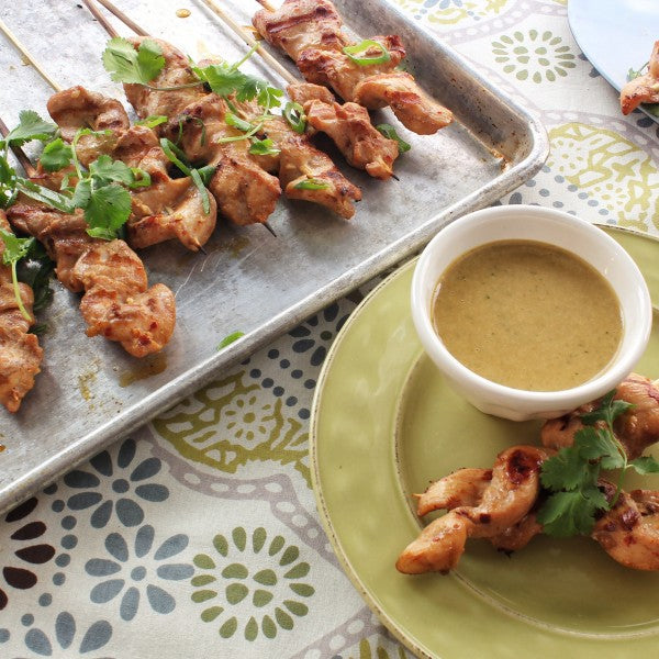 Thai Chicken Skewers with Peanut Sauce served with Choice of Jasmine rice or Cauliflower rice and Marinated Cucumber Salad