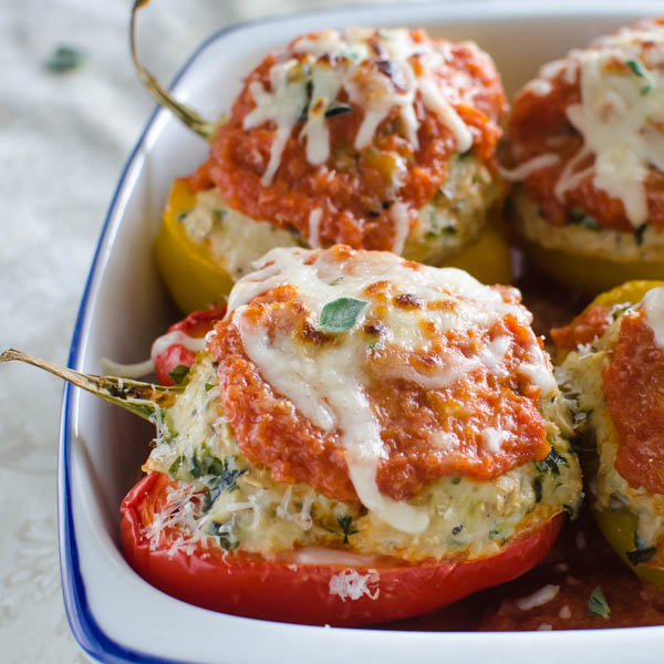 Chicken Parmesan Stuffed Peppers with Garden Veggie Salad