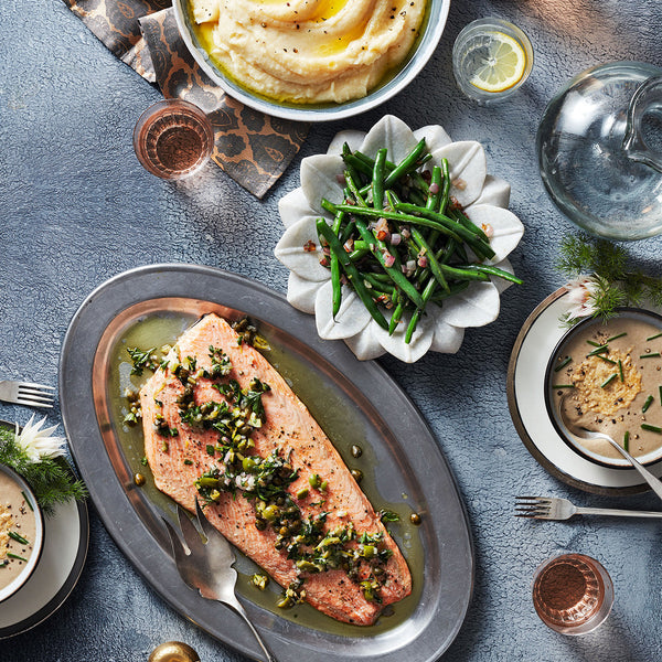 Christmas Menu featuring Salmon with Green olive caper sauce, with sautéed Green Beans with Red Onion and  Celery Root Mash