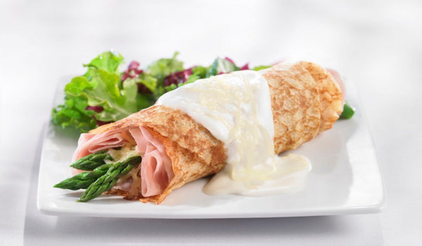 New-Buckwheat Crepes with Ham, Cheese, Asparagus and Bechamel Sauce (GF)