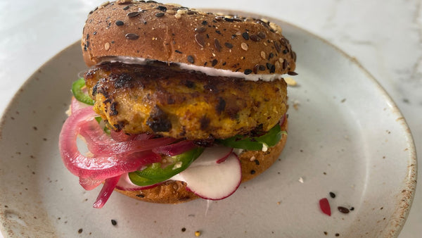 Curried Chicken Burgers with Yogurt Sauce and Pickled Onions
