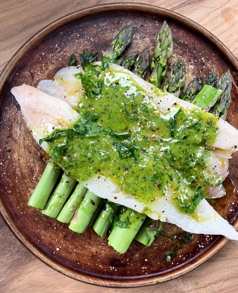 Sheet Pan Roasted Halibut served with Italian Salsa Verde and Roasted Asparagus