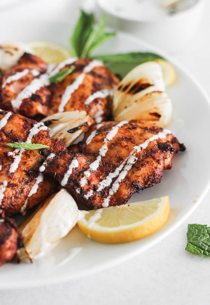 Moroccan Grilled or Baked  Chicken served with Cumin dip and Roasted Lemon garlic Broccoli