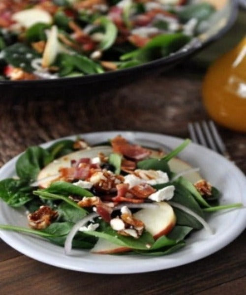 Spinach Salad with Sweet and Spicy Nuts, Apples, Bacon and Feta
