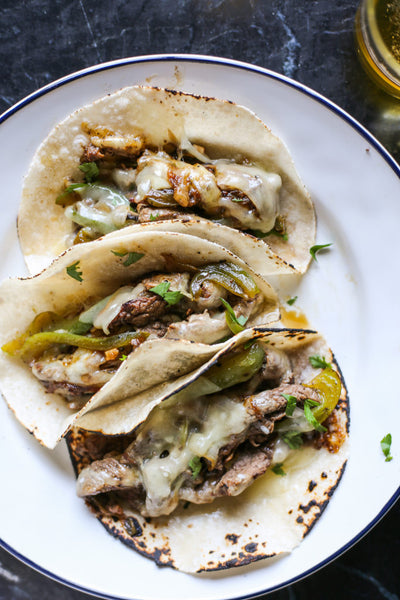 Philly Cheesesteak Tacos served with Roasted Cauliflower (GF tortillas available)