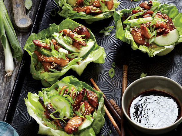 Korean Chicken Lettuce Cups with Sticky Rice and Korean Coleslaw