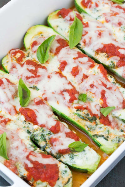 Lasagna Stuffed Zucchini Boats served with Side Veggie Salad with Balsamic vinaigrette(Keto, GF, Grain-free)