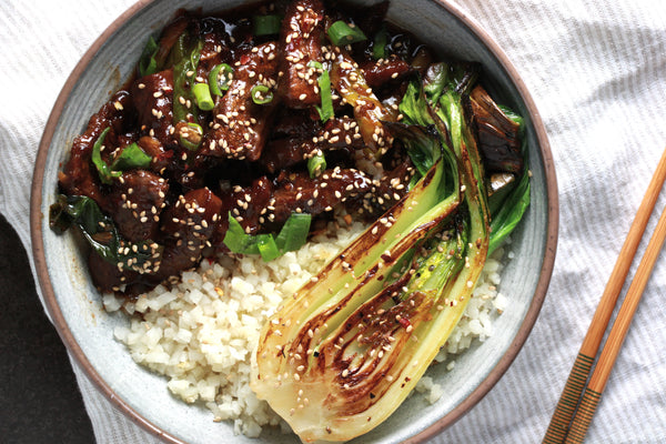 Whole 30 Mongolian Beef served with sautéed Bok Choy and Jasmine Rice