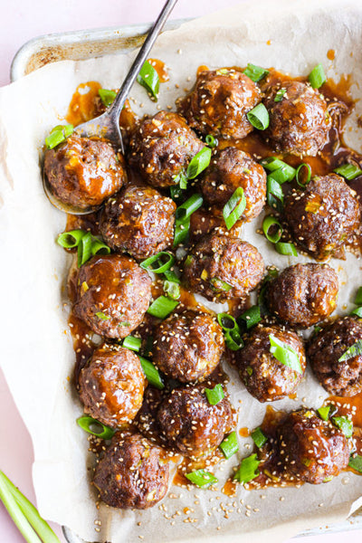 The Defined Dish's Baked or Grilled Mongolian Meatballs served with Bok Choy