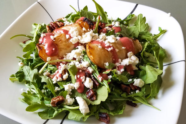 Mixed greens and Spinach Candied Pear Salad with shallot vinaigrette (GF)