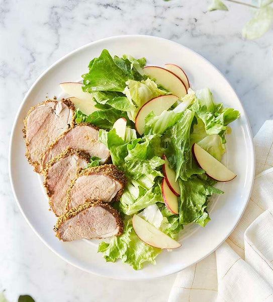 Pistachio crusted Pork Tenderloin served with Apple and Mixed lettuce salad  (GF, Grain free)