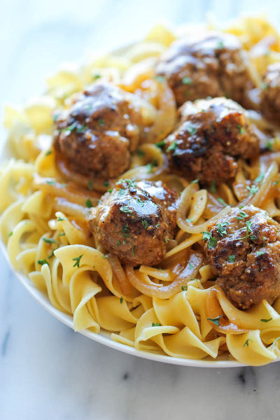 Salisbury Steak Meatballs served with Parsley Egg Noodles (GF available)