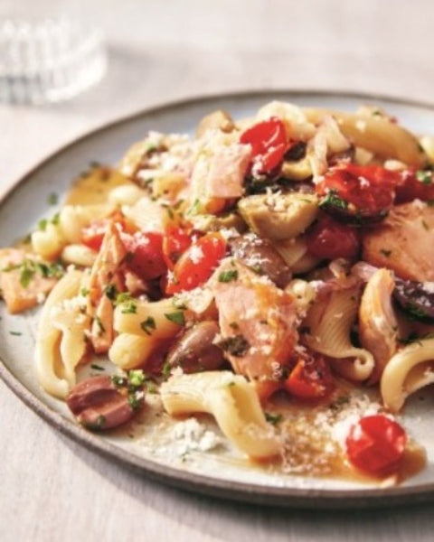 Gemelli with Salmon Puttanesca (GF available)